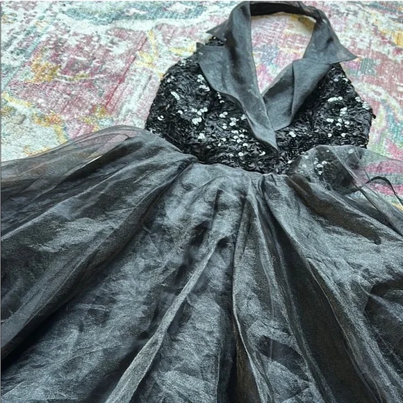 VINTAGE Faviana Halter Cocktail Dress Black Sequin Tulle Size 3/4 USA - Picture 5 of 9